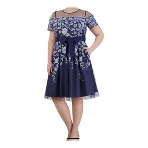 Eliza J Blue Embroidered Illusion Mesh Dress Plus Size 14W Navy Floral Dress NEW